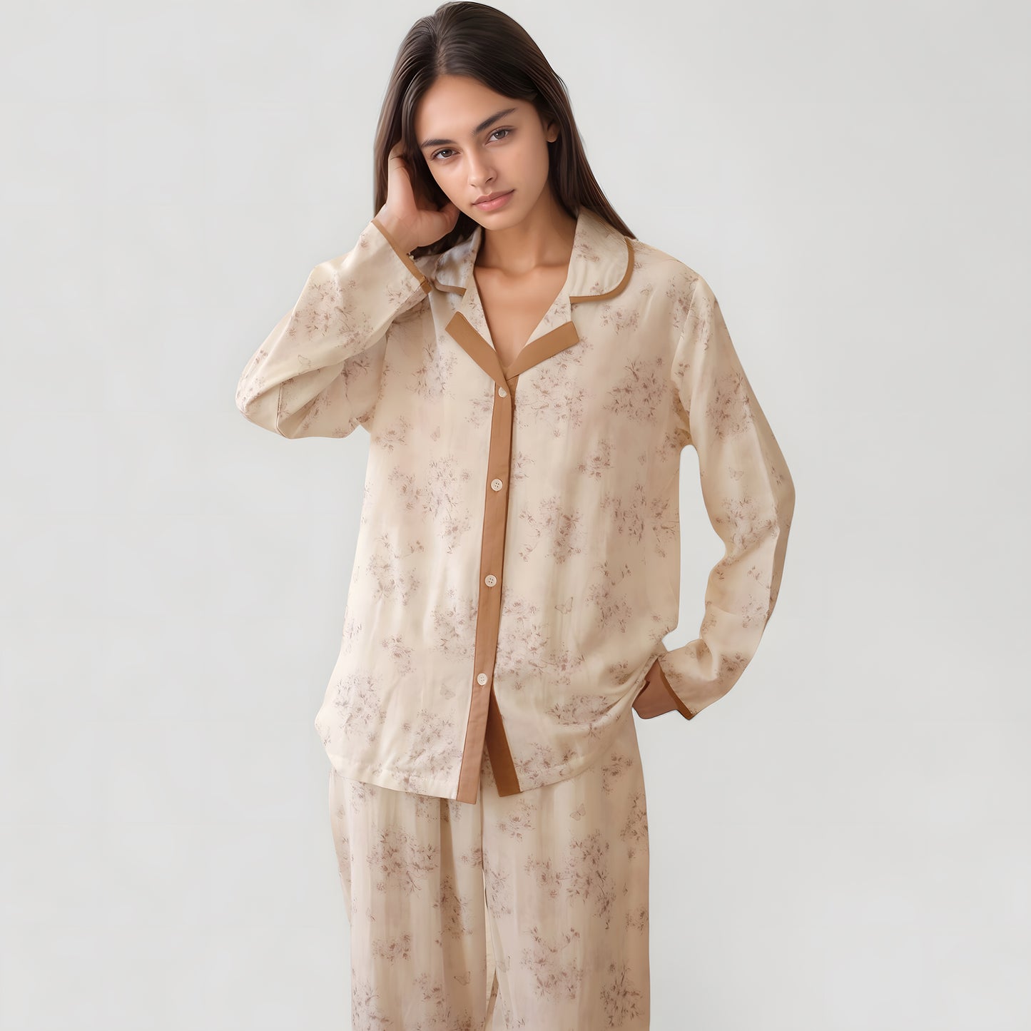 Floral Print Long Sleeve Pajama Set with Contrast Piping Trim and Relaxed Button-Up Shirt