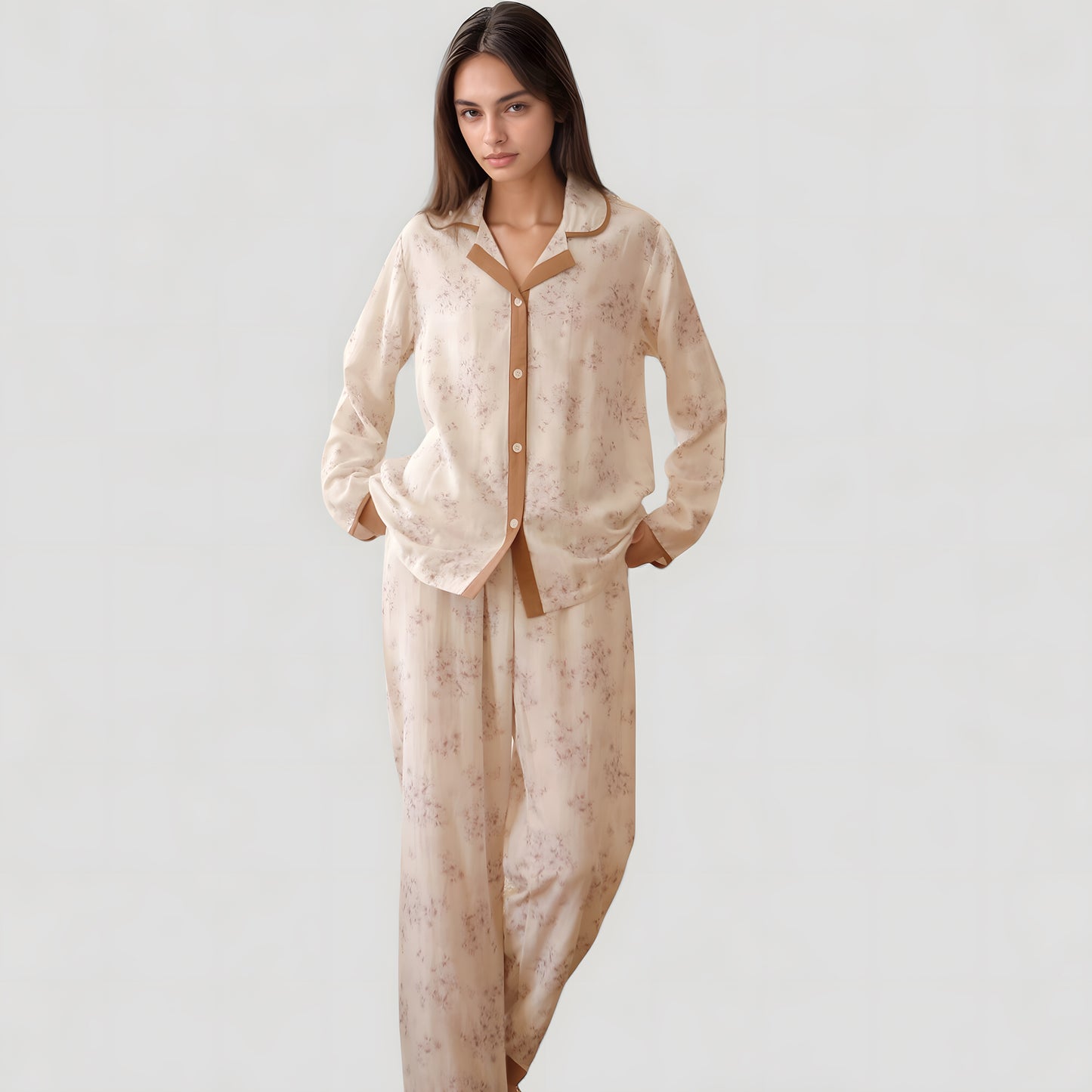 Floral Print Long Sleeve Pajama Set with Contrast Piping Trim and Relaxed Button-Up Shirt