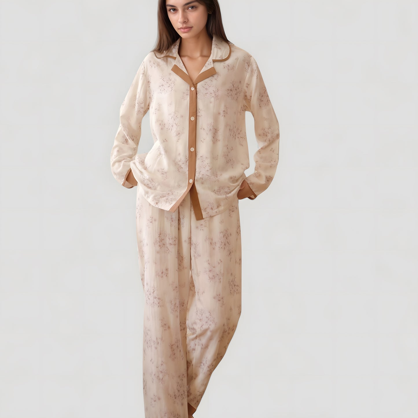 Floral Print Long Sleeve Pajama Set with Contrast Piping Trim and Relaxed Button-Up Shirt