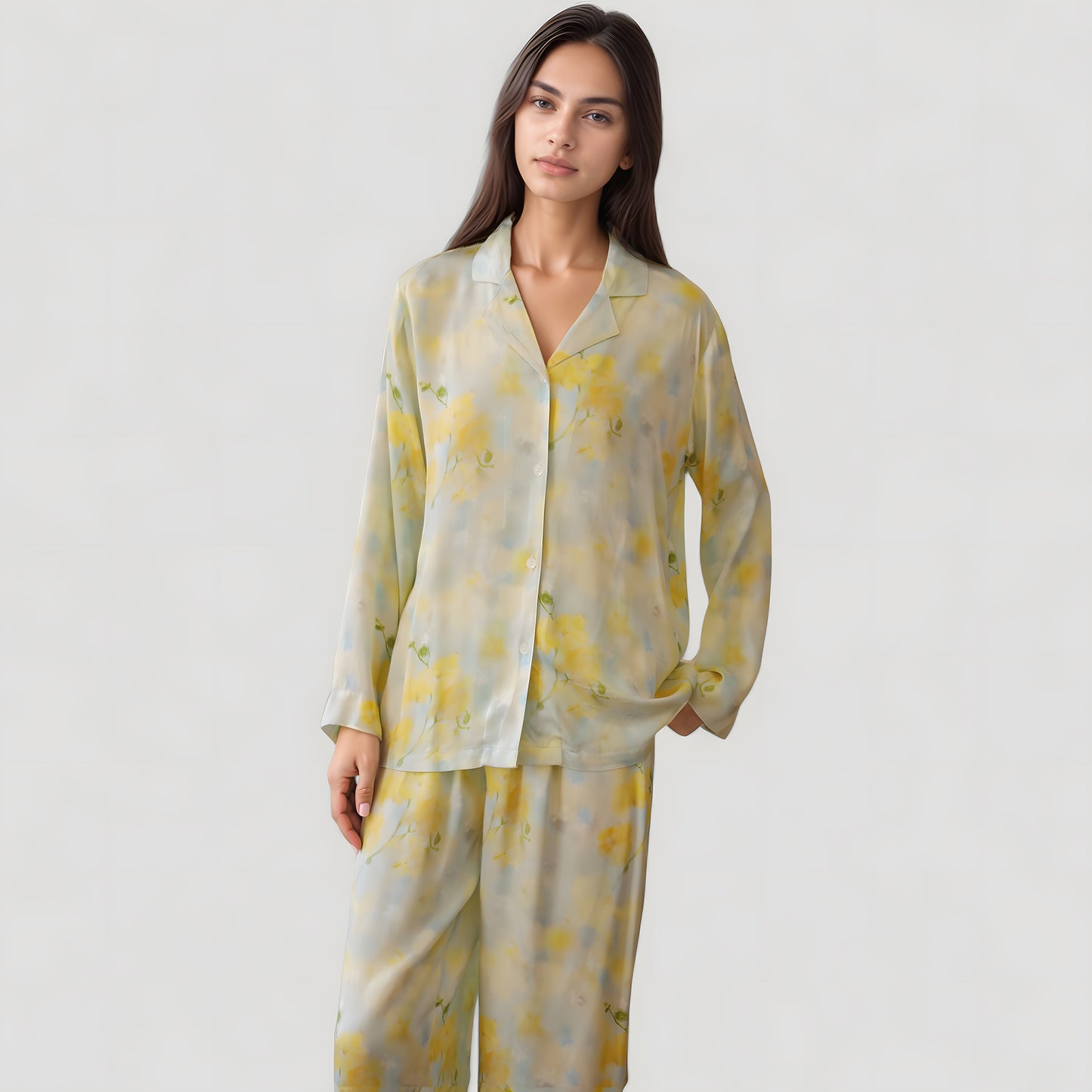 Watercolor Floral Print Pajama Set with Relaxed Long Sleeve Button-Up Top and Wide Leg Pants