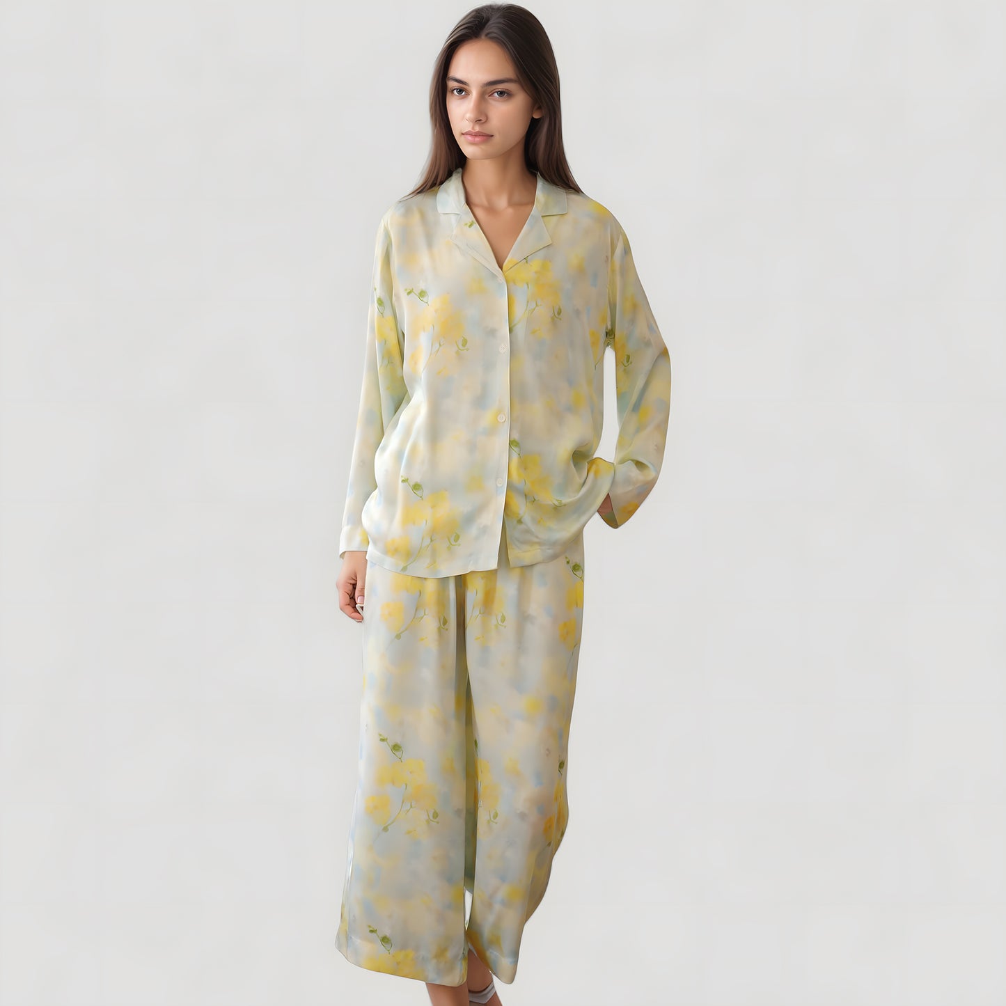 Watercolor Floral Print Pajama Set with Relaxed Long Sleeve Button-Up Top and Wide Leg Pants