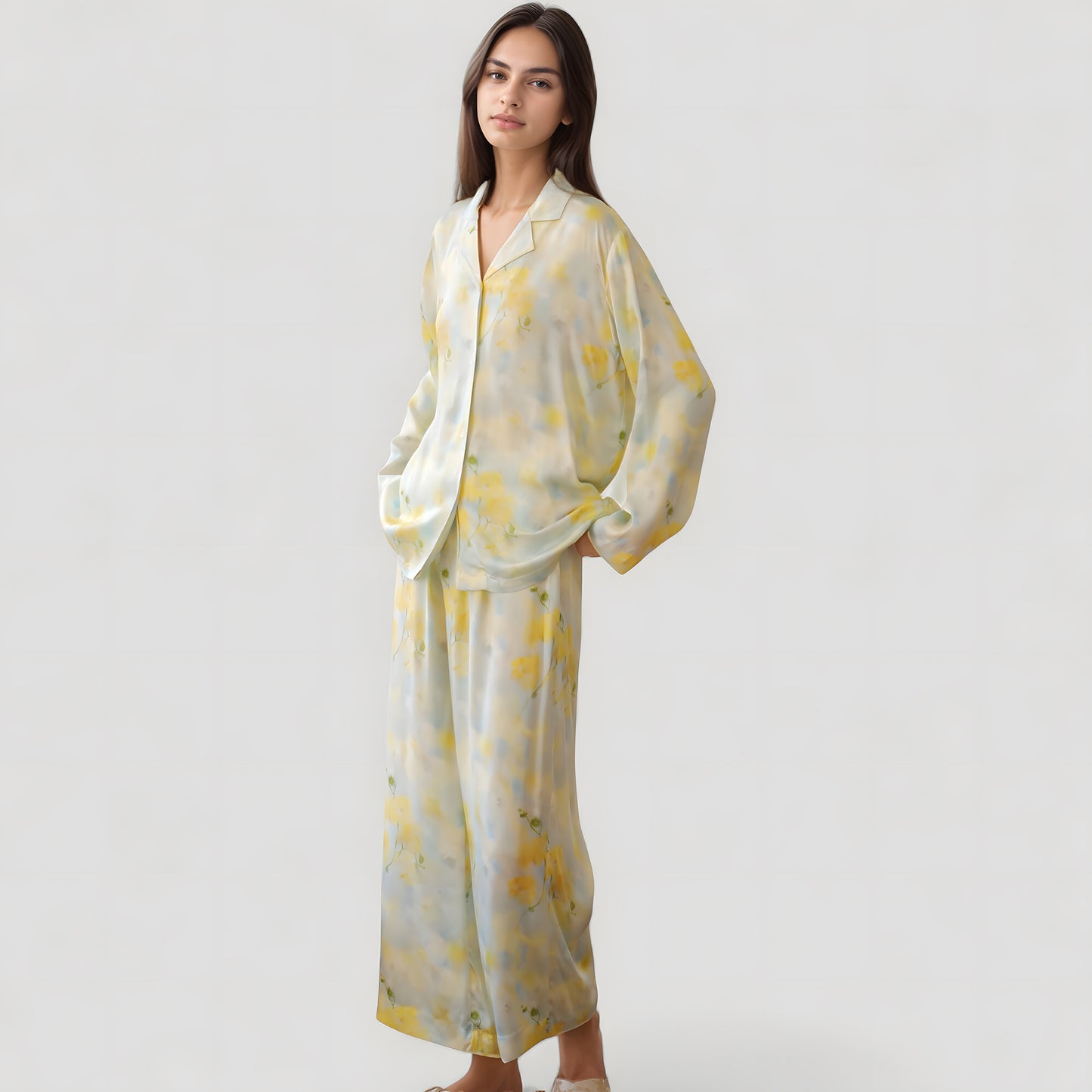 Watercolor Floral Print Pajama Set with Relaxed Long Sleeve Button-Up Top and Wide Leg Pants