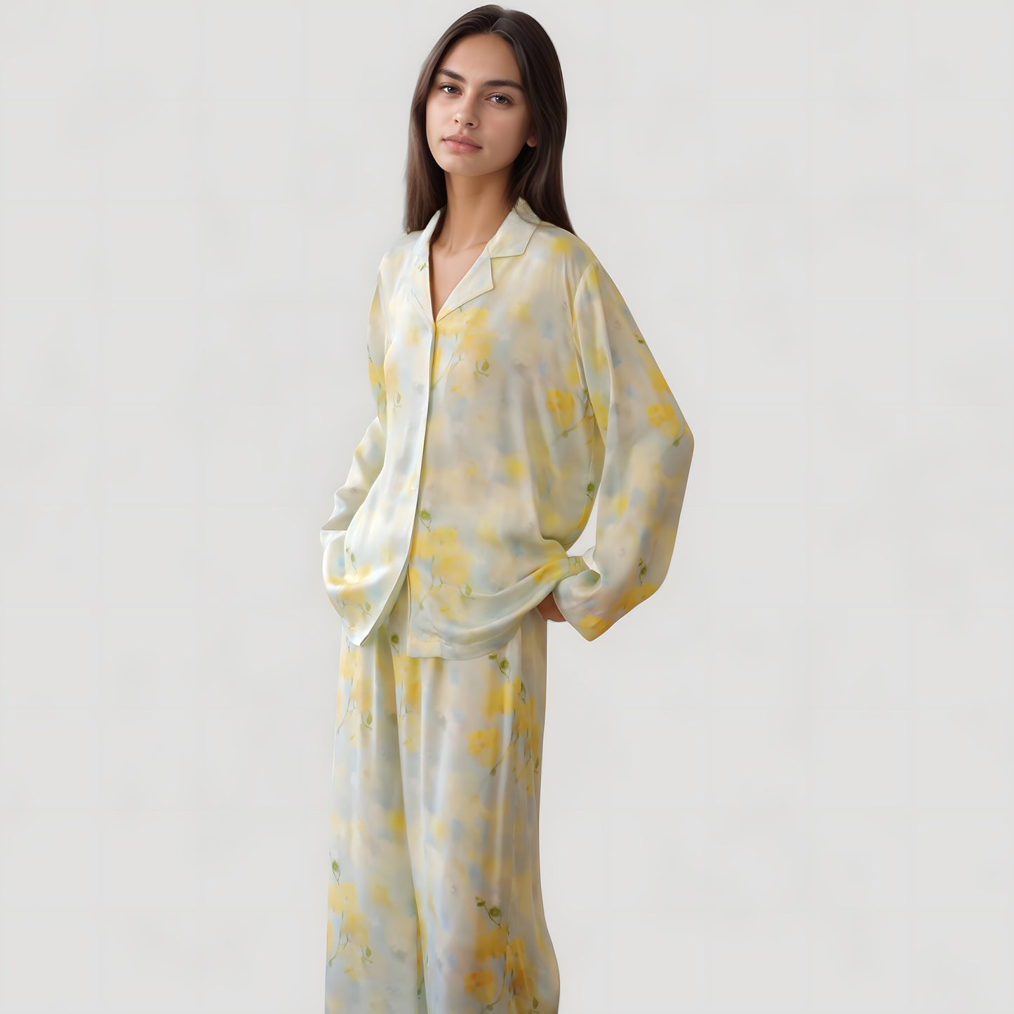Watercolor Floral Print Pajama Set with Relaxed Long Sleeve Button-Up Top and Wide Leg Pants