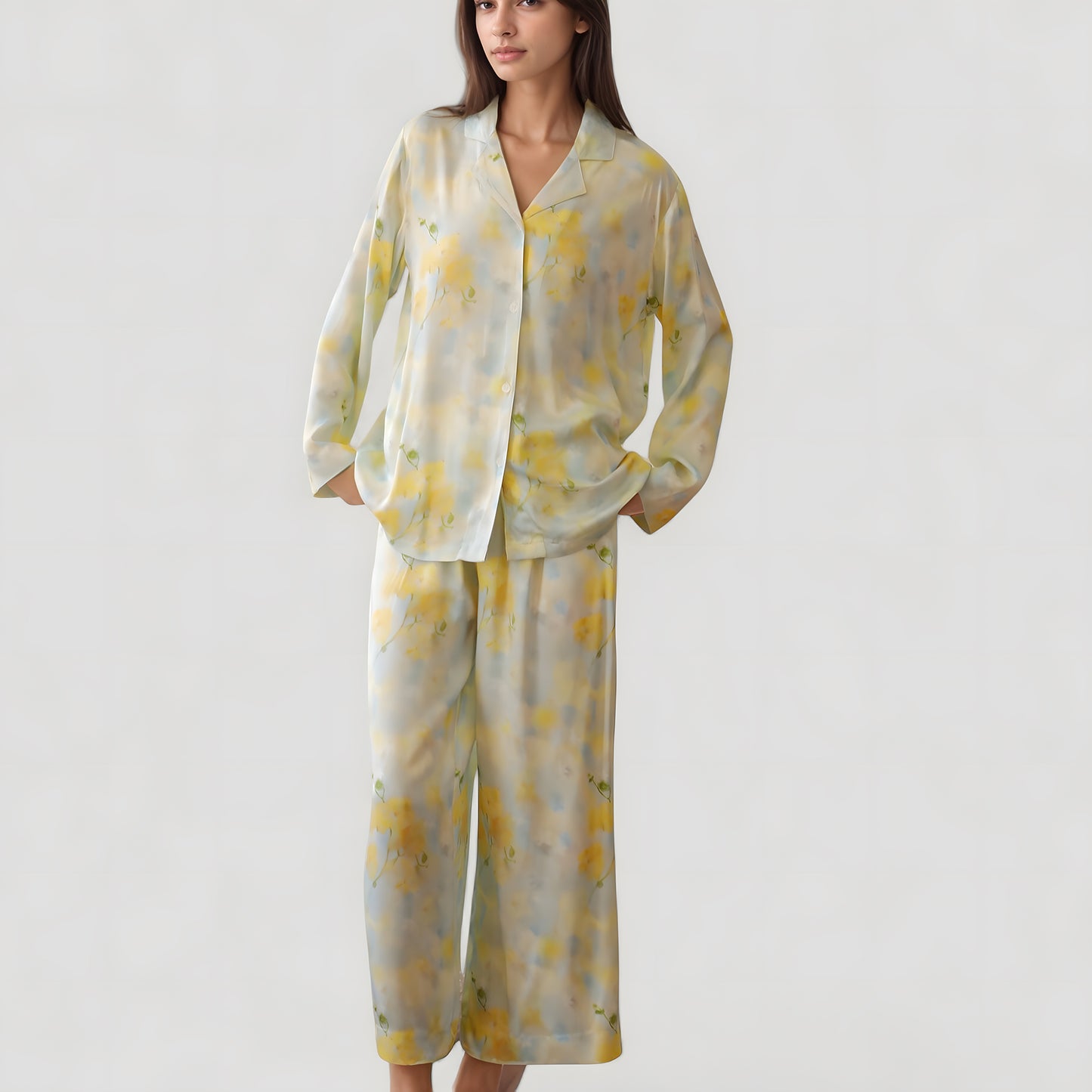 Watercolor Floral Print Pajama Set with Relaxed Long Sleeve Button-Up Top and Wide Leg Pants