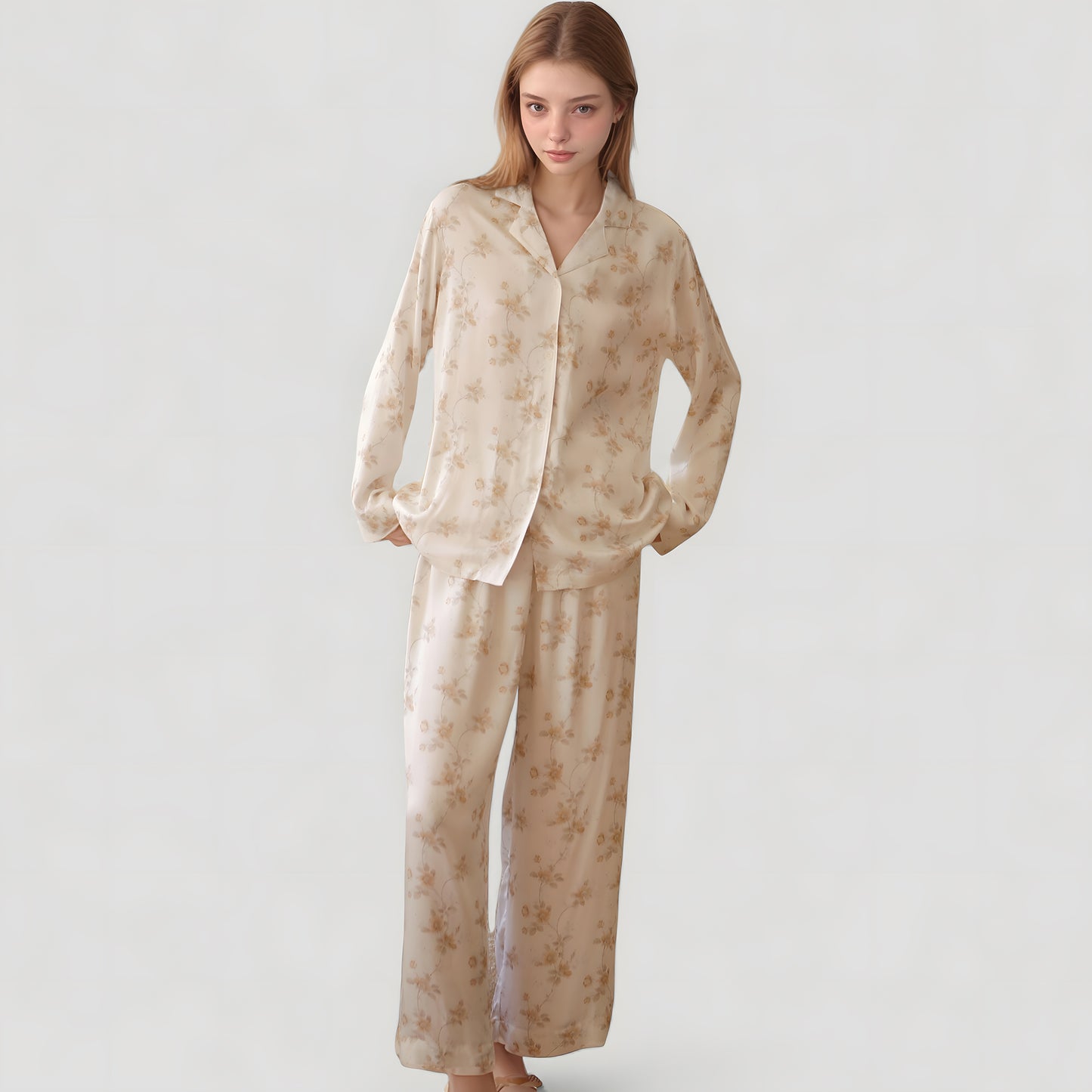 Dainty Floral Print Pajama Set with Button-Up Long Sleeve Top and Relaxed Wide Leg Pants