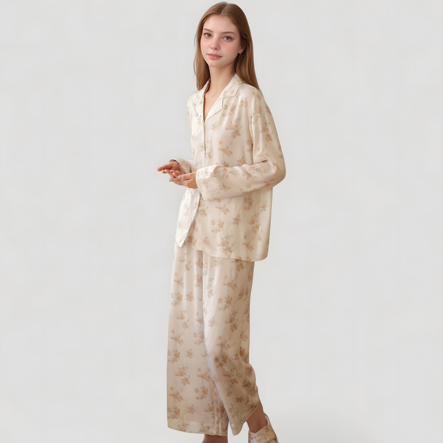 Dainty Floral Print Pajama Set with Button-Up Long Sleeve Top and Relaxed Wide Leg Pants