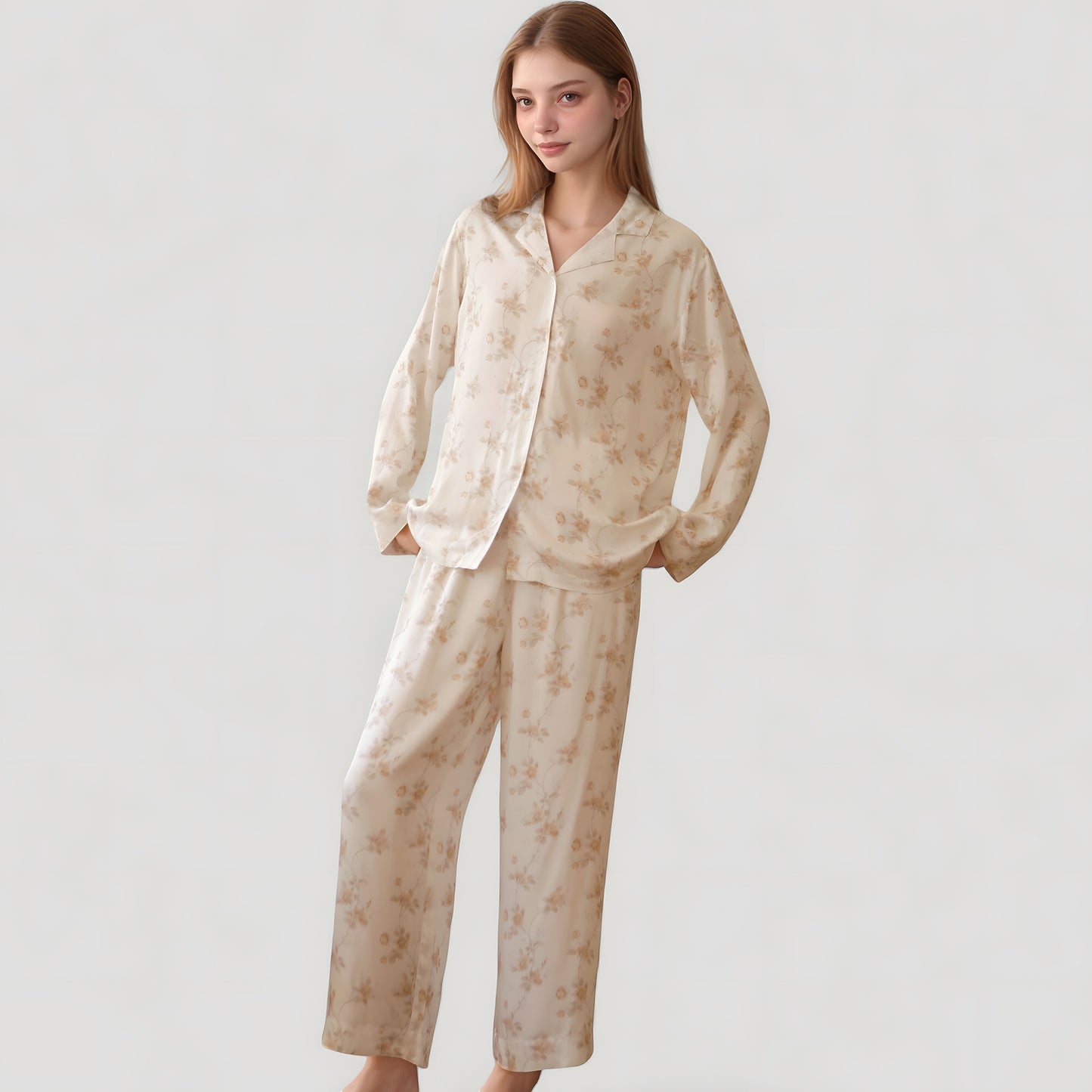 Dainty Floral Print Pajama Set with Button-Up Long Sleeve Top and Relaxed Wide Leg Pants