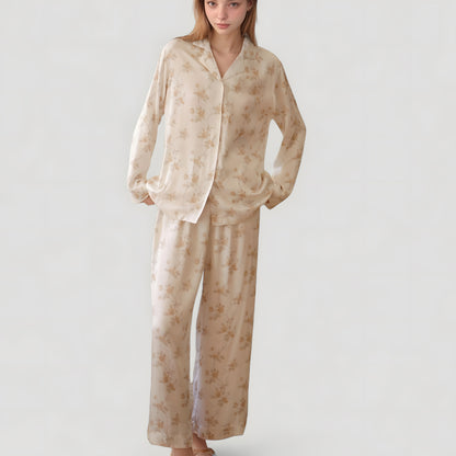 Dainty Floral Print Pajama Set with Button-Up Long Sleeve Top and Relaxed Wide Leg Pants