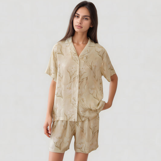 Soft Floral Print Pajama Set with Short Sleeve Button-Up Top and Relaxed Fit Lounge Shorts
