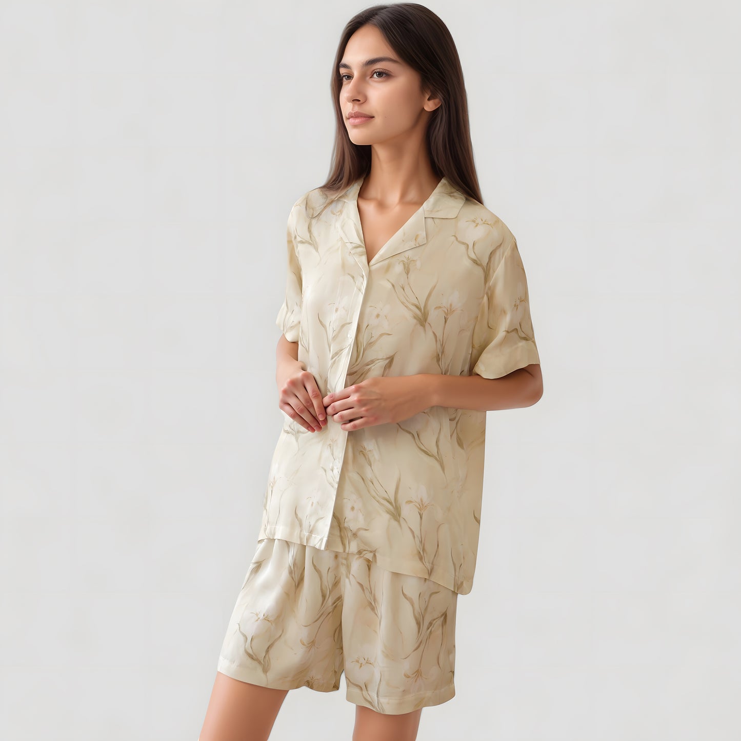 Soft Floral Print Pajama Set with Short Sleeve Button-Up Top and Relaxed Fit Lounge Shorts