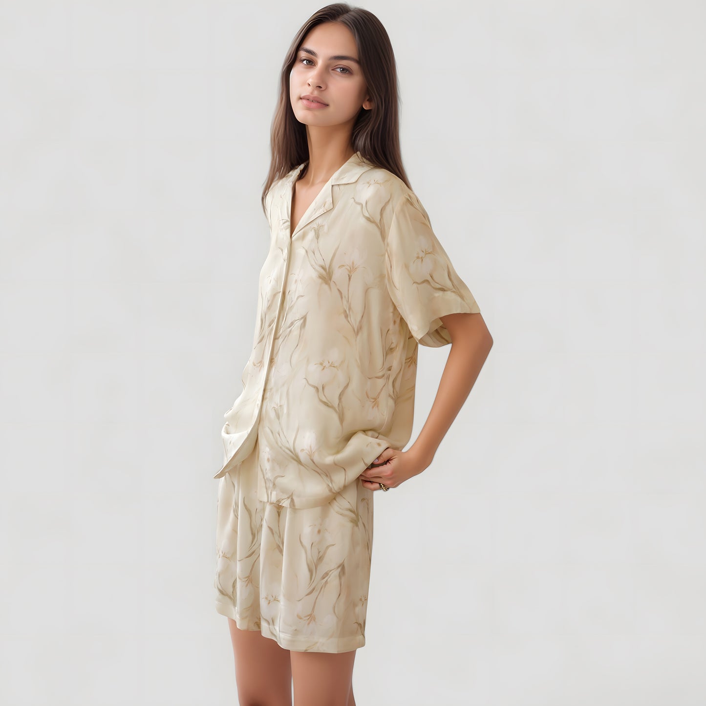 Soft Floral Print Pajama Set with Short Sleeve Button-Up Top and Relaxed Fit Lounge Shorts