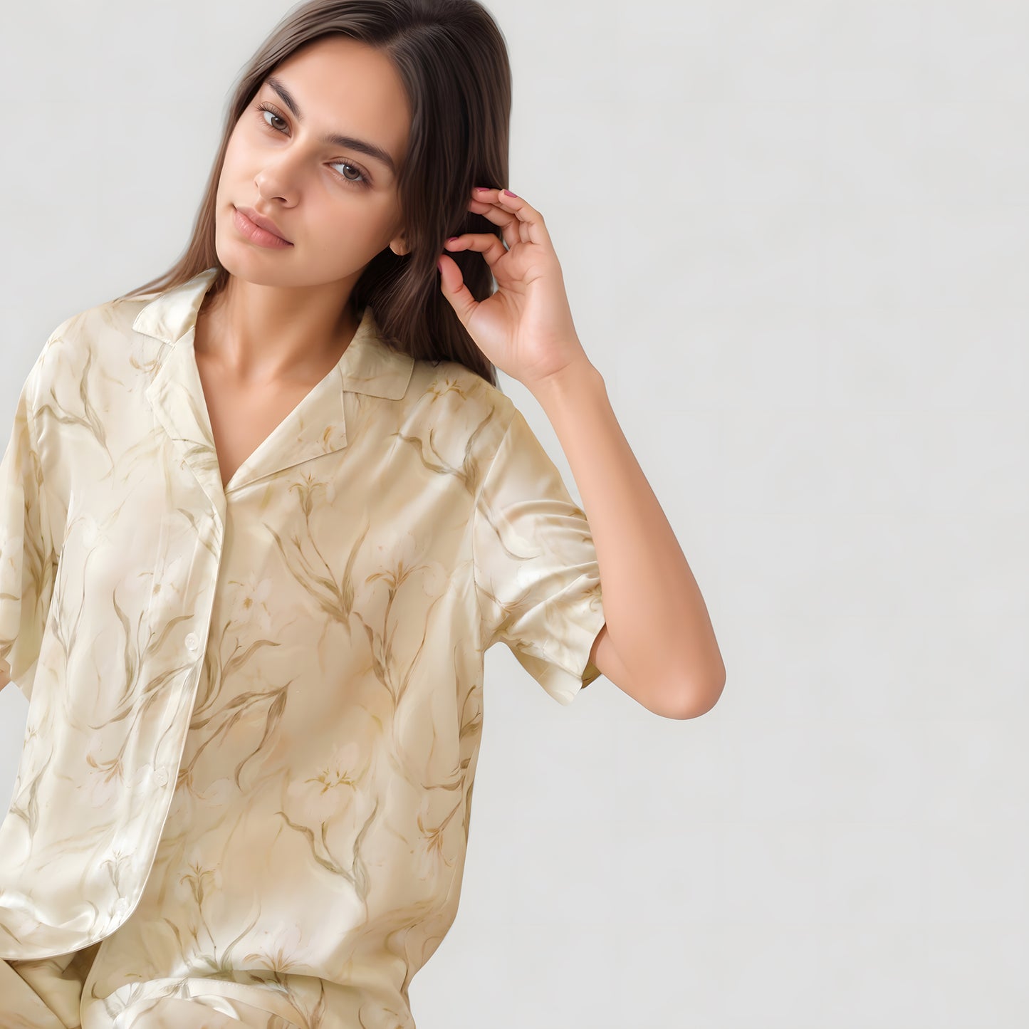 Soft Floral Print Pajama Set with Short Sleeve Button-Up Top and Relaxed Fit Lounge Shorts