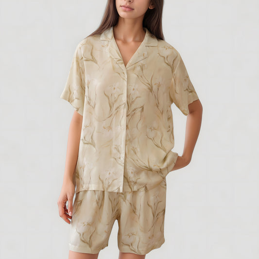 Soft Floral Print Pajama Set with Short Sleeve Button-Up Top and Relaxed Fit Lounge Shorts