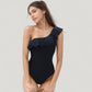 One-Piece Swimsuit with One Shoulder Design Soft Ruffle Trim and Flattering Contour Fit