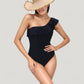One-Piece Swimsuit with One Shoulder Design Soft Ruffle Trim and Flattering Contour Fit