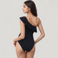 One-Piece Swimsuit with One Shoulder Design Soft Ruffle Trim and Flattering Contour Fit