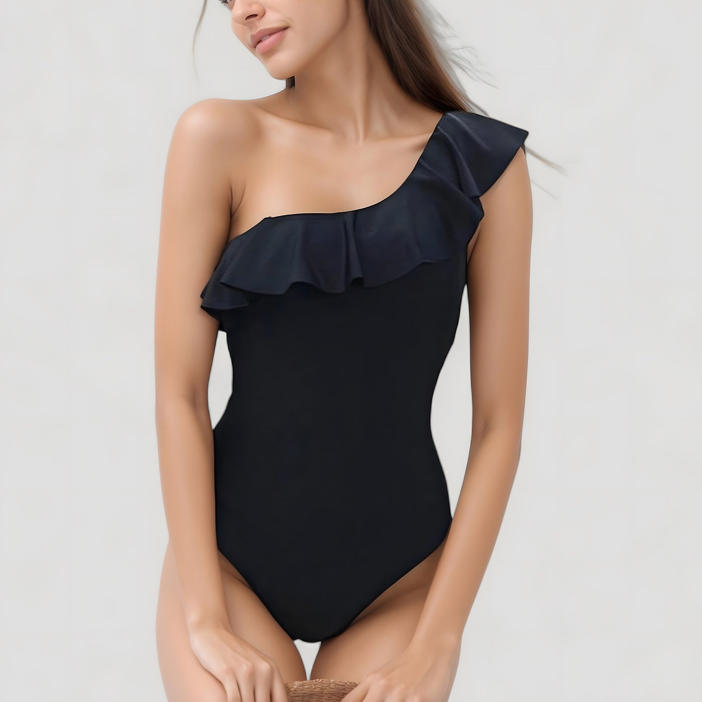 One-Piece Swimsuit with One Shoulder Design Soft Ruffle Trim and Flattering Contour Fit