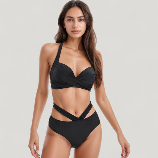 Two-Piece Swimsuit with Wrapped Bust Top Crisscross Waistband High Rise Bottom and Supportive Fit