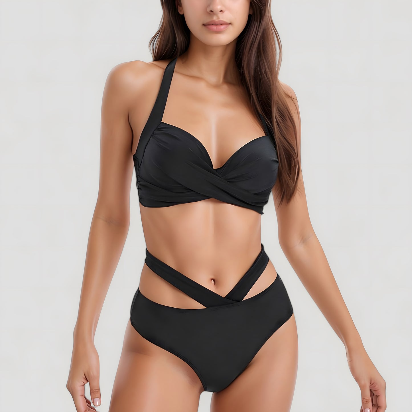 Two-Piece Swimsuit with Wrapped Bust Top Crisscross Waistband High Rise Bottom and Supportive Fit
