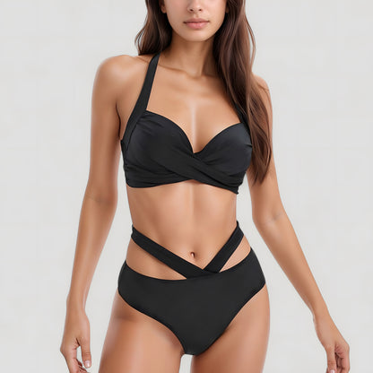 Two-Piece Swimsuit with Wrapped Bust Top Crisscross Waistband High Rise Bottom and Supportive Fit