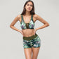Two-Piece Swimsuit Set with Lace-Up Front Sports Bra Top and High Waist Swim Shorts in Botanical Print