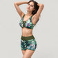 Two-Piece Swimsuit Set with Lace-Up Front Sports Bra Top and High Waist Swim Shorts in Botanical Print