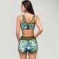 Two-Piece Swimsuit Set with Lace-Up Front Sports Bra Top and High Waist Swim Shorts in Botanical Print