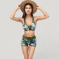 Two-Piece Swimsuit Set with Lace-Up Front Sports Bra Top and High Waist Swim Shorts in Botanical Print