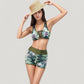 Two-Piece Swimsuit Set with Lace-Up Front Sports Bra Top and High Waist Swim Shorts in Botanical Print