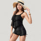 Two-Piece Swimsuit Set with Pom Pom Trim Layered Tank Top and Drawstring Swim Shorts