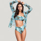 Three-Piece Swimsuit Set with Strapless Bandeau Top High Waist Bottoms and Sheer Long Sleeve Cover Up
