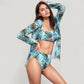 Three-Piece Swimsuit Set with Strapless Bandeau Top High Waist Bottoms and Sheer Long Sleeve Cover Up