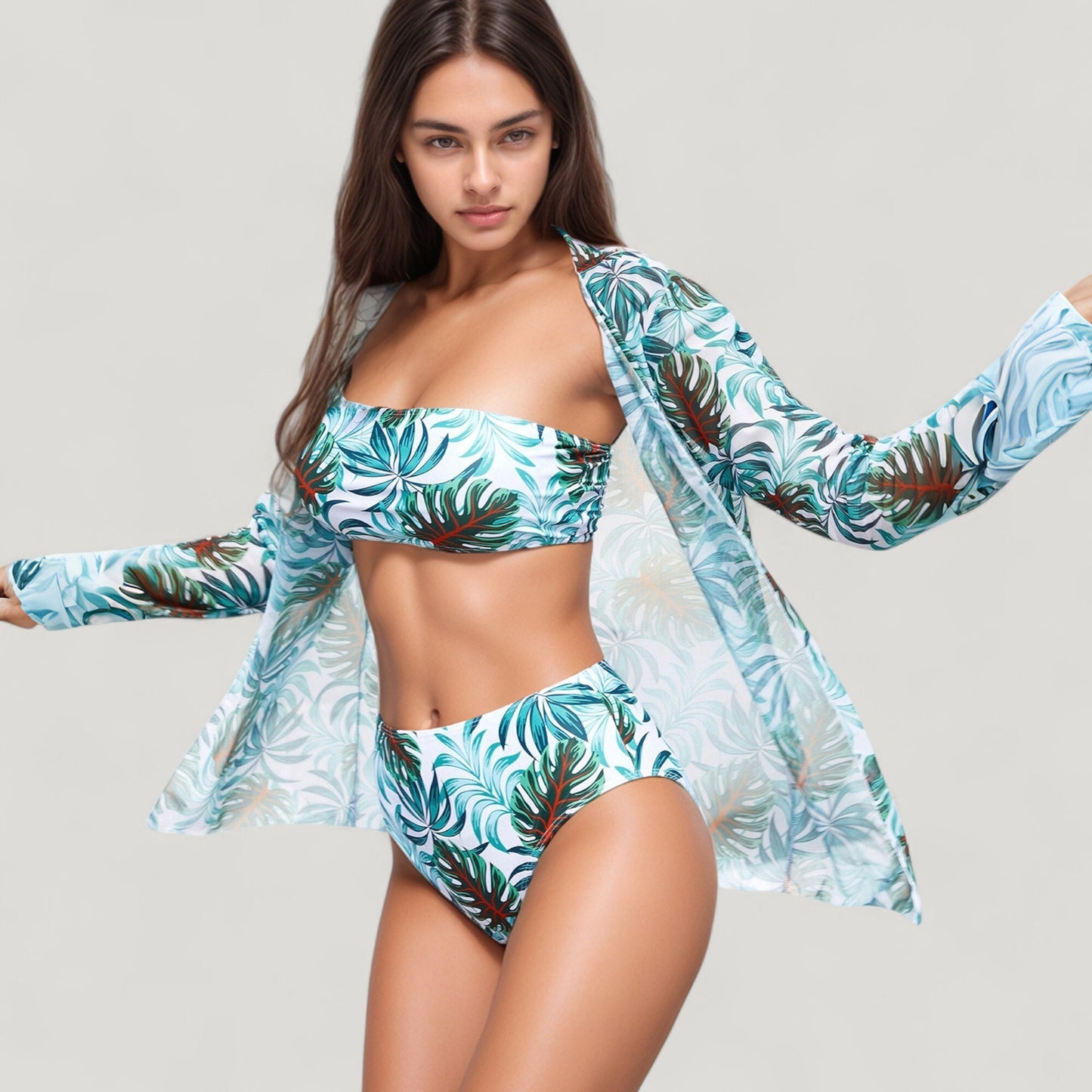 Three-Piece Swimsuit Set with Strapless Bandeau Top High Waist Bottoms and Sheer Long Sleeve Cover Up