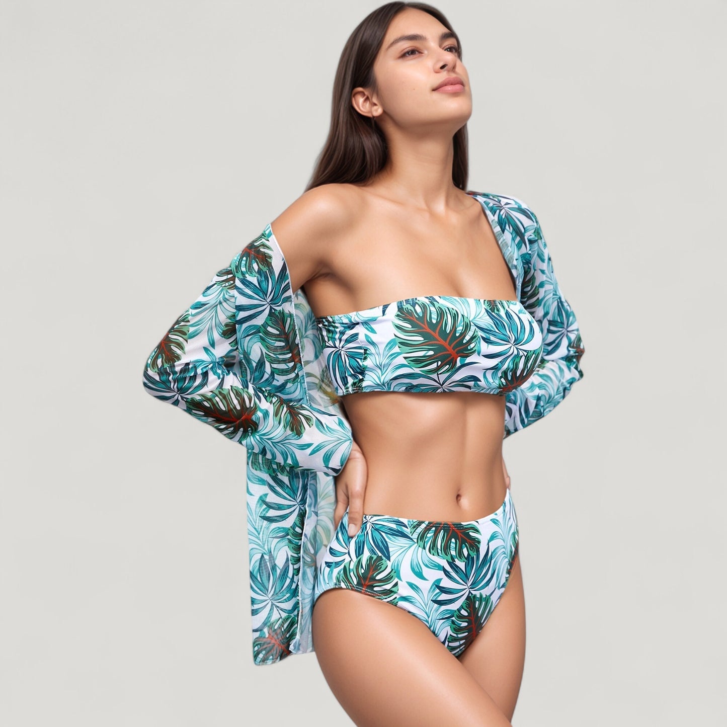 Three-Piece Swimsuit Set with Strapless Bandeau Top High Waist Bottoms and Sheer Long Sleeve Cover Up