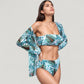 Three-Piece Swimsuit Set with Strapless Bandeau Top High Waist Bottoms and Sheer Long Sleeve Cover Up