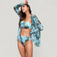 Three-Piece Swimsuit Set with Strapless Bandeau Top High Waist Bottoms and Sheer Long Sleeve Cover Up