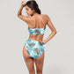 Three-Piece Swimsuit Set with Strapless Bandeau Top High Waist Bottoms and Sheer Long Sleeve Cover Up