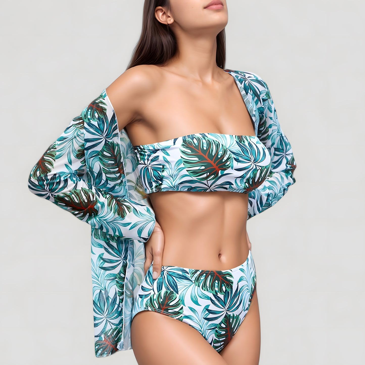 Three-Piece Swimsuit Set with Strapless Bandeau Top High Waist Bottoms and Sheer Long Sleeve Cover Up