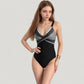 One-Piece Swimsuit with V-Neckline Cross Front Detail and Geometric Printed Bust Design