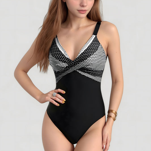 One-Piece Swimsuit with V-Neckline Cross Front Detail and Geometric Printed Bust Design