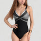 One-Piece Swimsuit with V-Neckline Cross Front Detail and Geometric Printed Bust Design