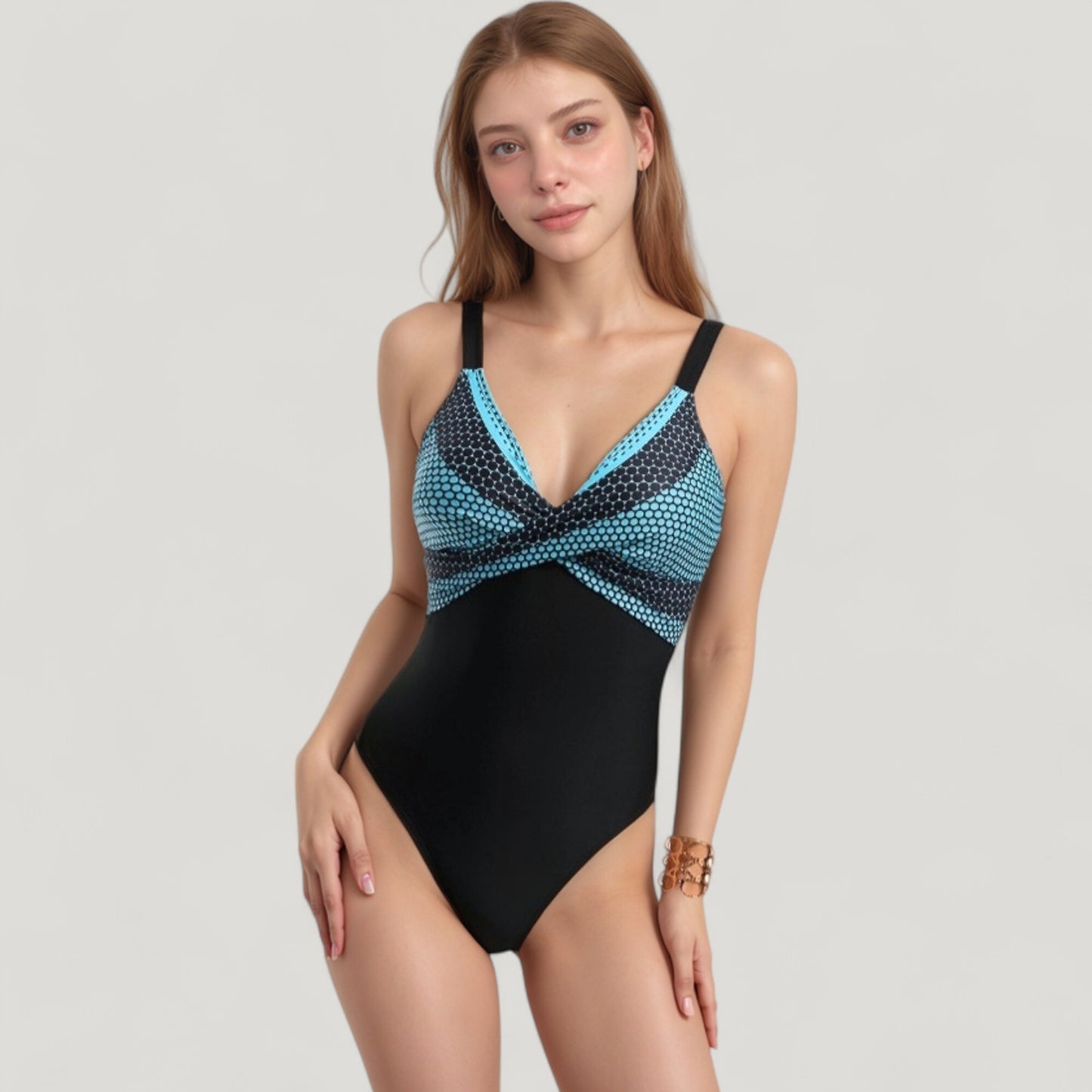 One-Piece Swimsuit with V-Neckline Cross Front Detail and Geometric Printed Bust Design