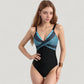 One-Piece Swimsuit with V-Neckline Cross Front Detail and Geometric Printed Bust Design