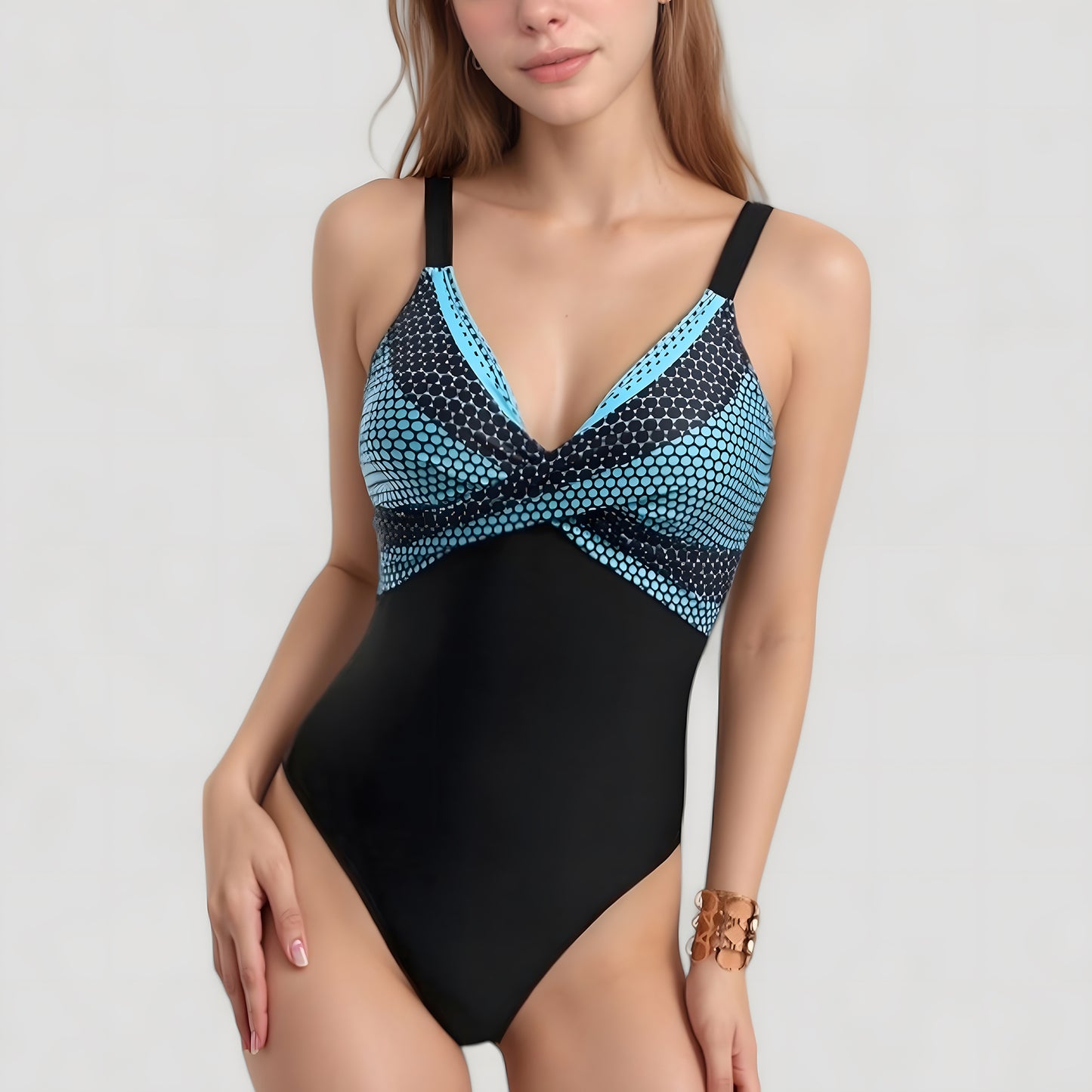 One-Piece Swimsuit with V-Neckline Cross Front Detail and Geometric Printed Bust Design