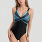 One-Piece Swimsuit with V-Neckline Cross Front Detail and Geometric Printed Bust Design