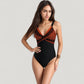 One-Piece Swimsuit with V-Neckline Cross Front Detail and Geometric Printed Bust Design
