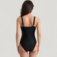 One-Piece Swimsuit with V-Neckline Cross Front Detail and Geometric Printed Bust Design