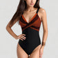 One-Piece Swimsuit with V-Neckline Cross Front Detail and Geometric Printed Bust Design