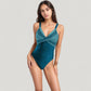 One-Piece Swimsuit with V-Neckline Cross Front Detail and Geometric Printed Bust Design