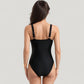 One-Piece Swimsuit with V-Neckline Cross Front Detail and Geometric Printed Bust Design